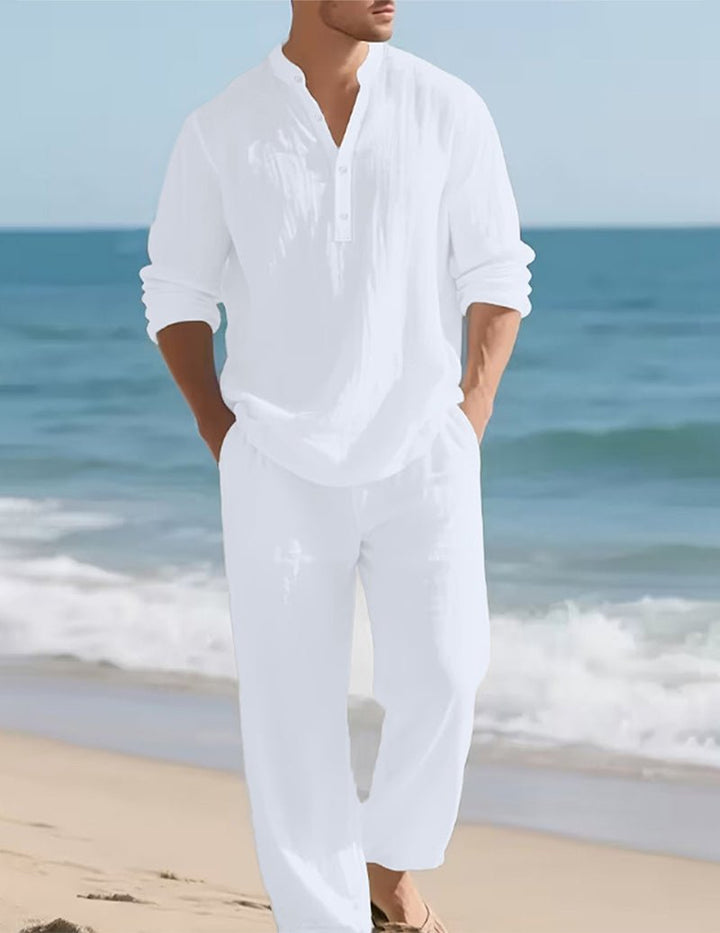 Men's Linen Henley Shirt and Relaxed Pants Two-Piece Set