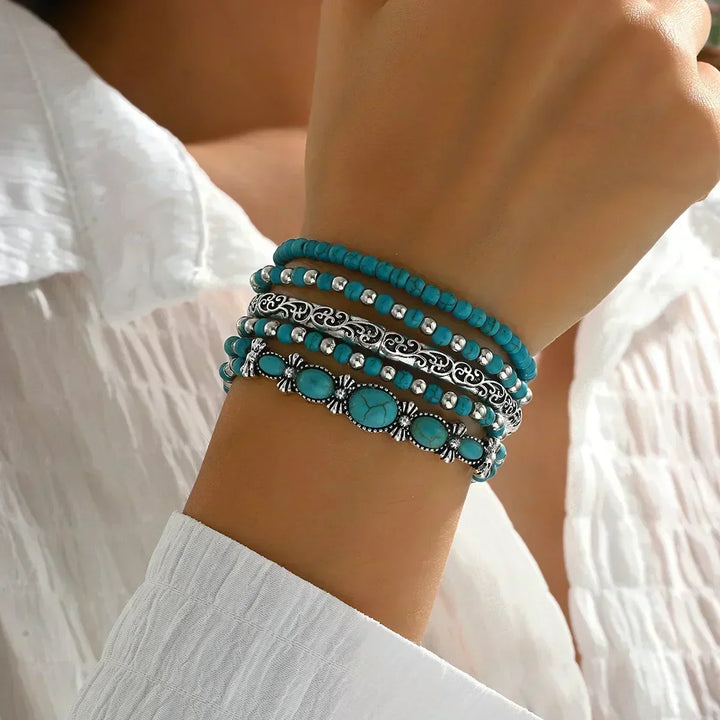 Set of 5 Bracelets with Turquoise Beads and Silver-Colored Details.