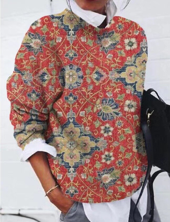 Women's Floral Print Sweater – Knitted Pullover with Patterned Print