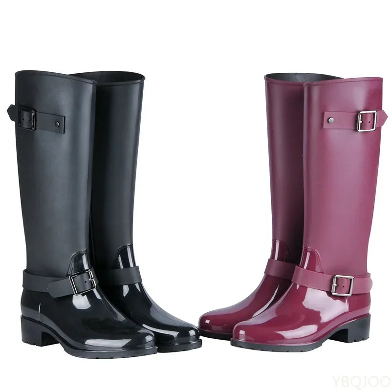 Tall Women's Waterproof Wellington Boots with Buckles & Block Heel – Elenya