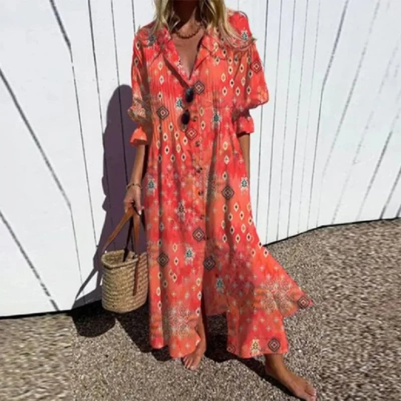 Floral Maxi Dress with V-Neck and Long Sleeves for Women