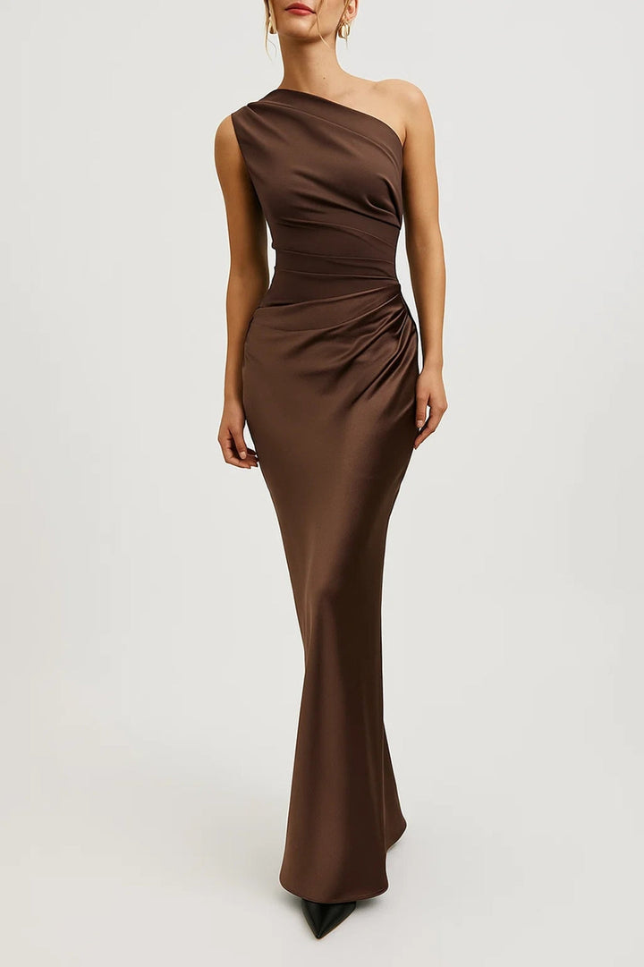 Women's Maxi Dress One Shoulder with Pleated Waist