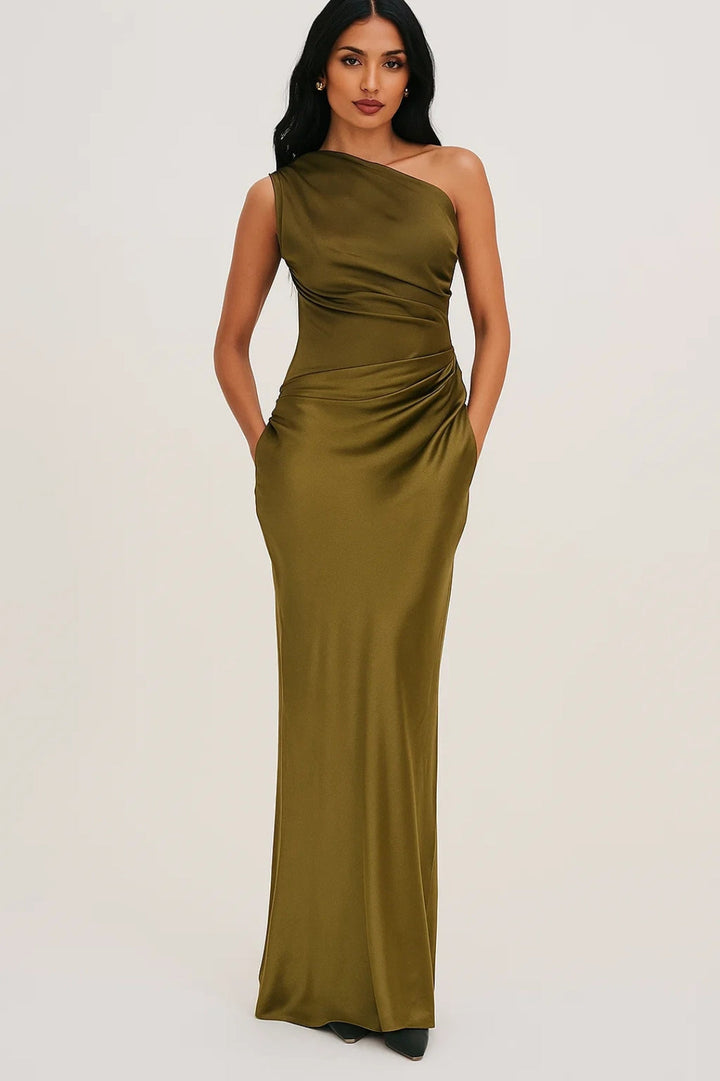 Women's Maxi Dress One Shoulder with Pleated Waist
