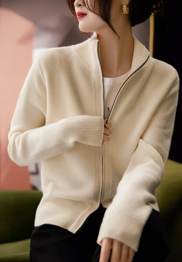 Women's Wool Zip Cardigan – Knitted Cardigan with High Collar