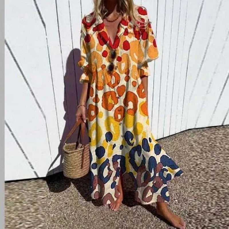 Floral Maxi Dress with V-Neck and Long Sleeves for Women
