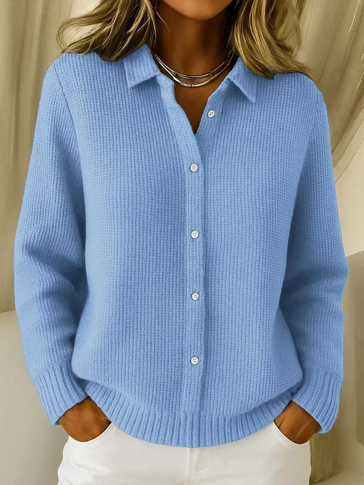 Women's Textured Knit Sweater with Collar and Button Placket