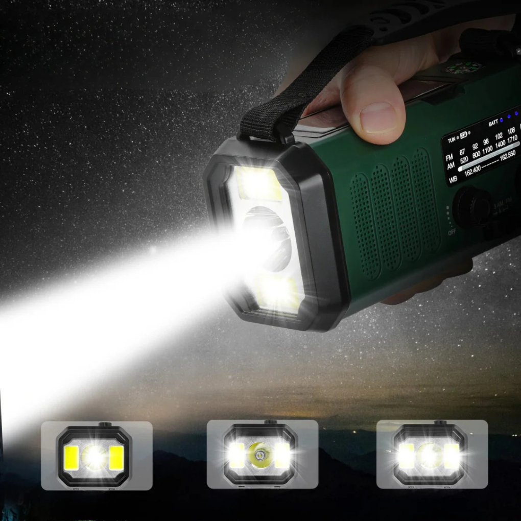 Emergency radio with hand crank, solar panel, and power bank function