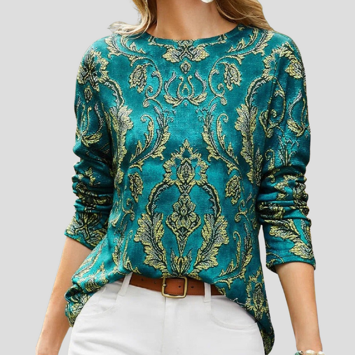 Women’s Green Round-Neck Printed Long-Sleeve Blouse
