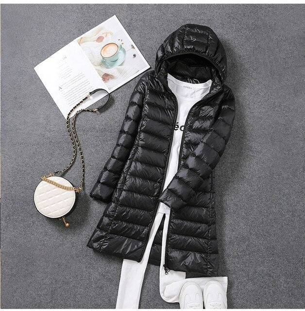 Long Down Jacket with Detachable Hood for Women
