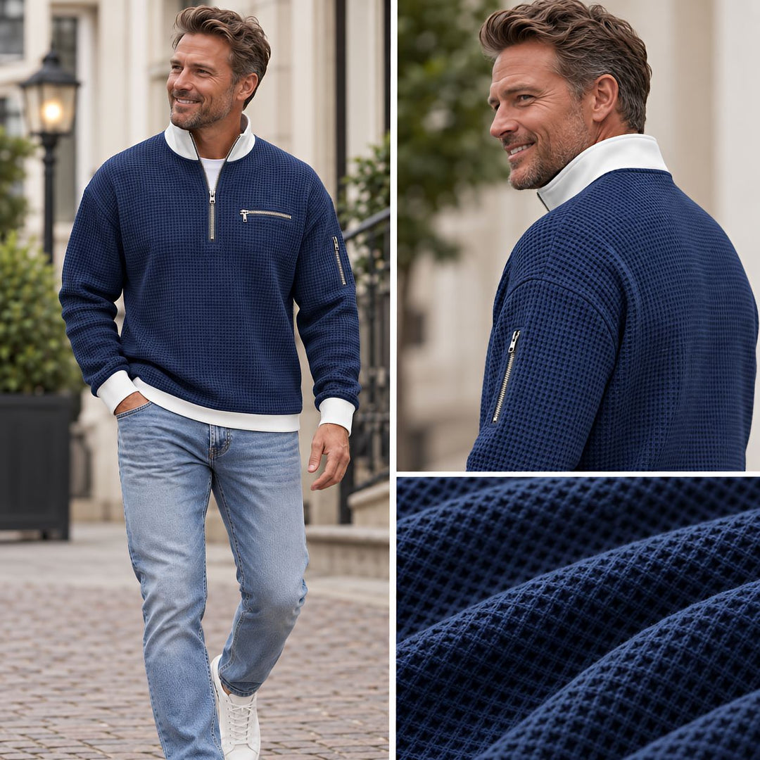 Men's waffle-knit sweater with 1/4 zip at the collar