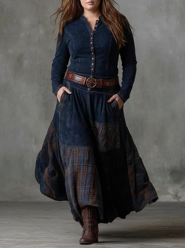 Women's Maxi Dress with Check Print, Suede Look and Belt