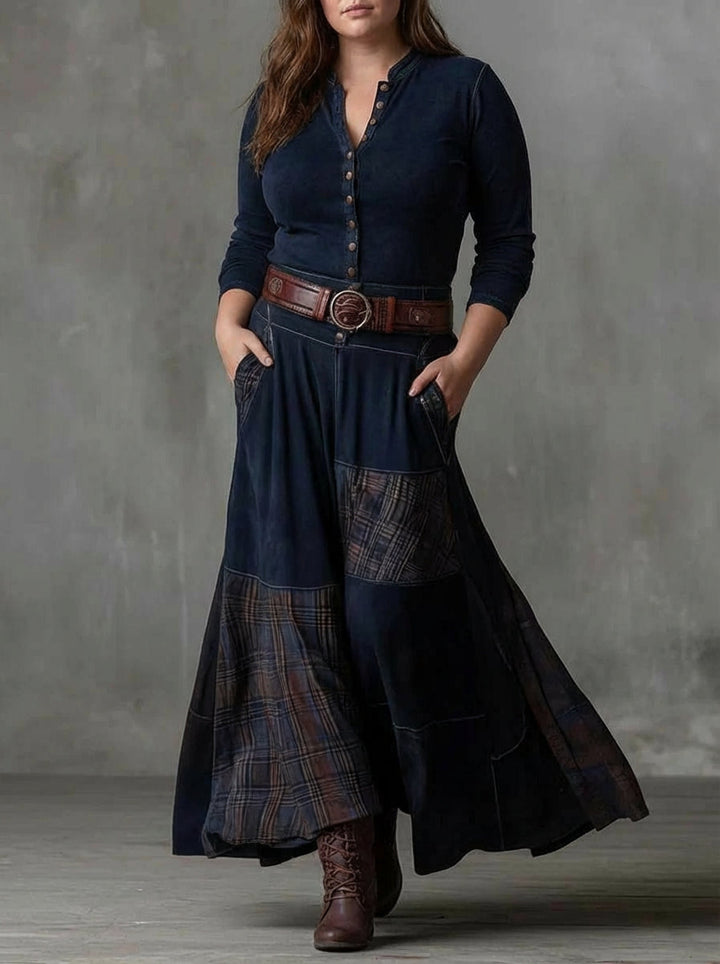 Women's Maxi Dress with Check Print, Suede Look and Belt
