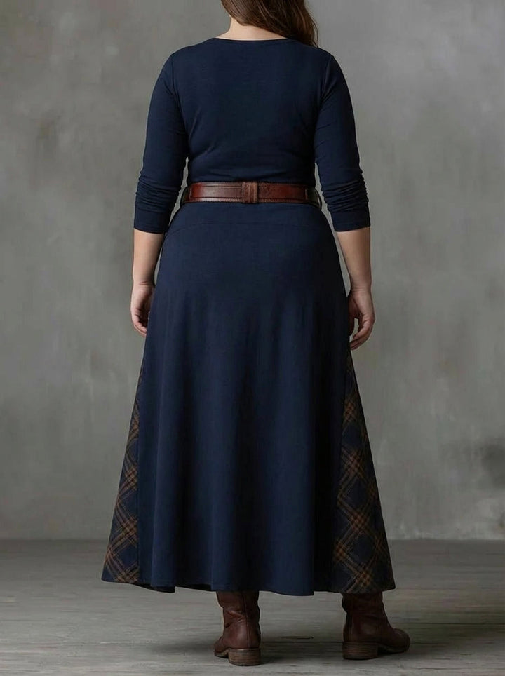 Women's Maxi Dress with Check Print, Suede Look and Belt