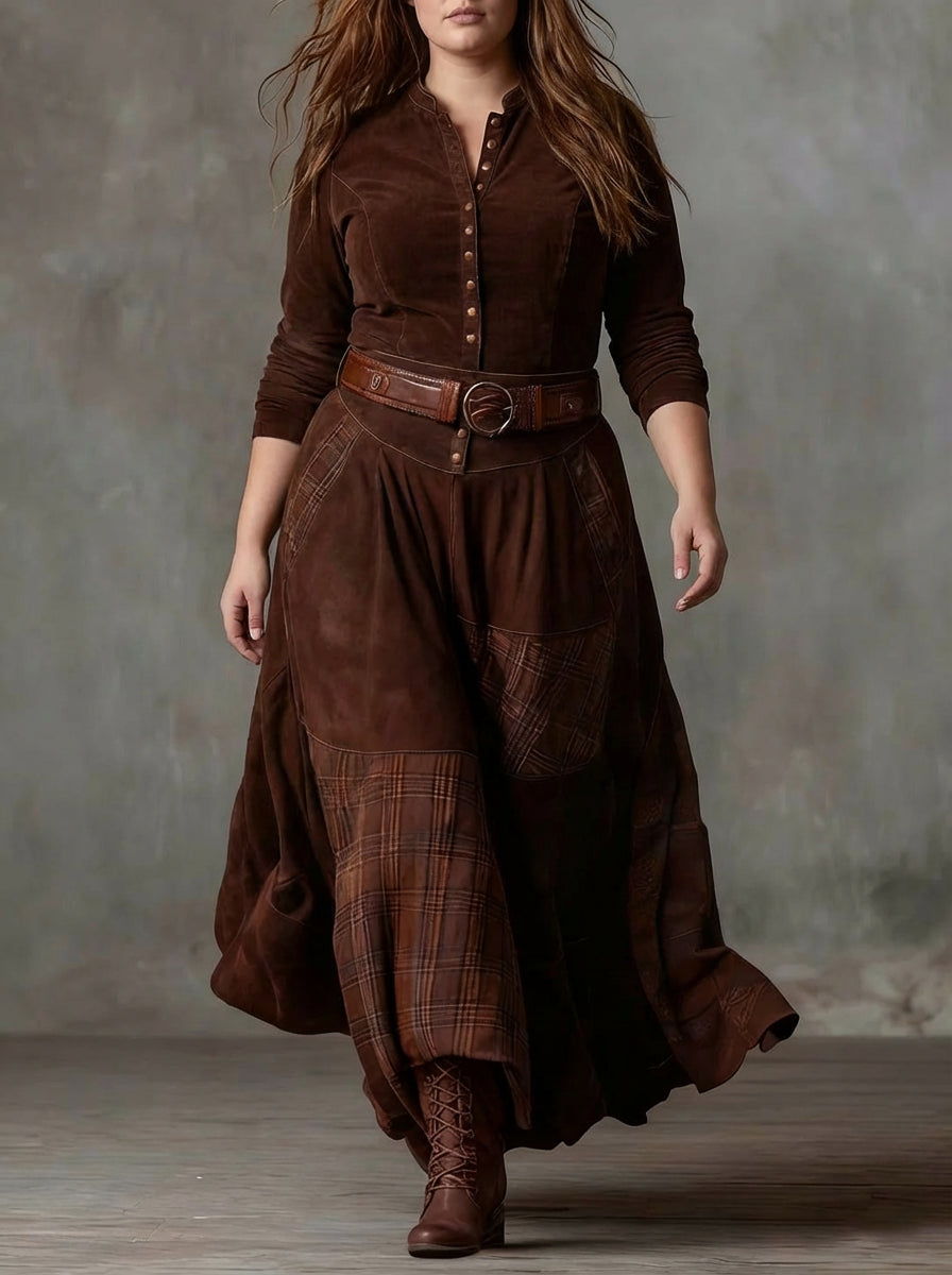 Women's Maxi Dress with Check Print, Suede Look and Belt