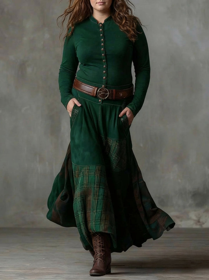 Women's Maxi Dress with Check Print, Suede Look and Belt
