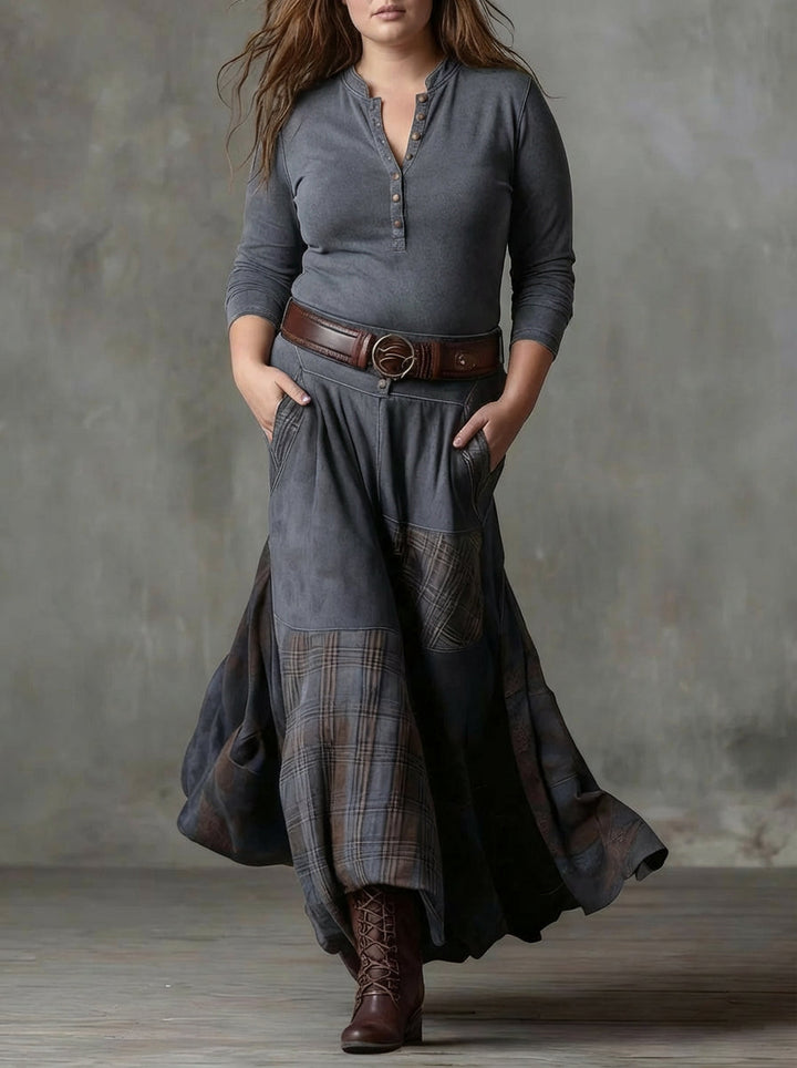 Women's Maxi Dress with Check Print, Suede Look and Belt