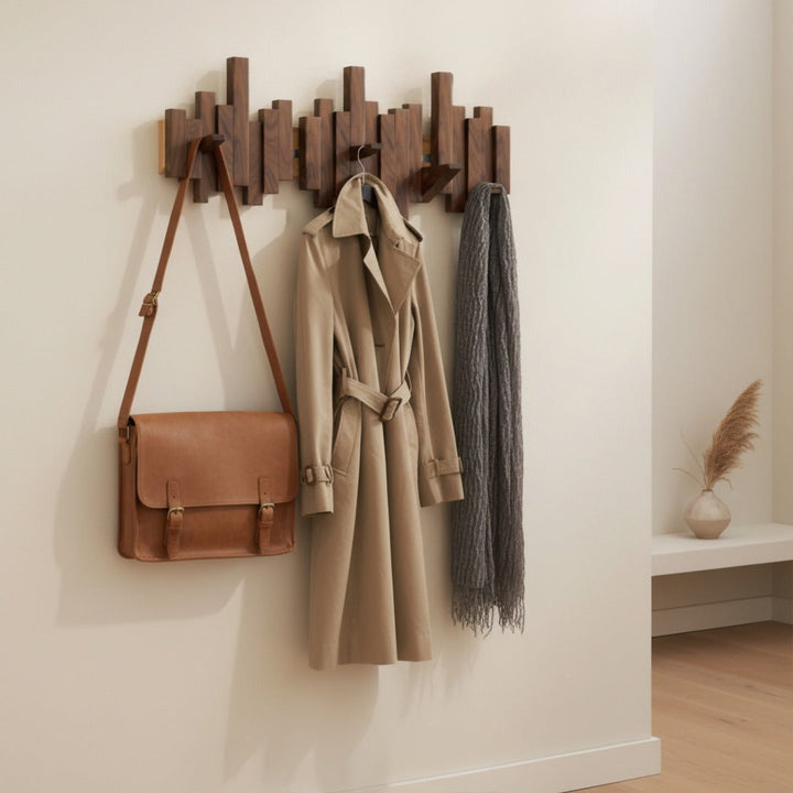 "Piano" wooden wall coat rack with folding hooks – hallway & bedroom