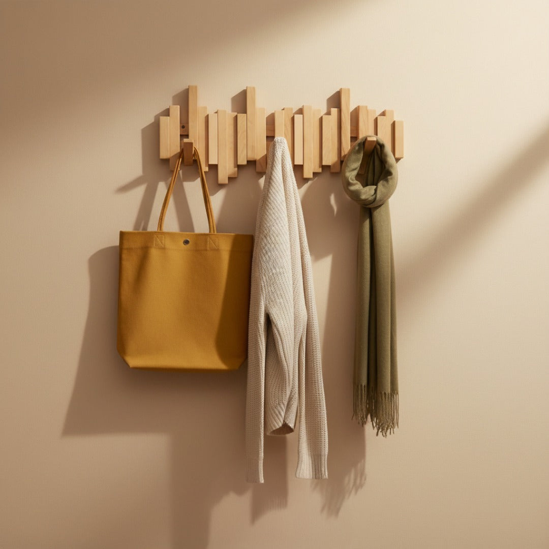 "Piano" wooden wall coat rack with folding hooks – hallway & bedroom