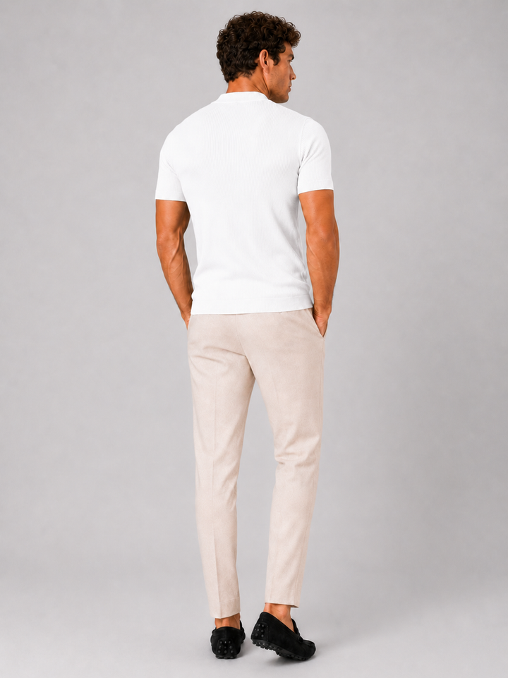 Men's ribbed T-shirt with stand-up collar – fitted stretch short-sleeved top