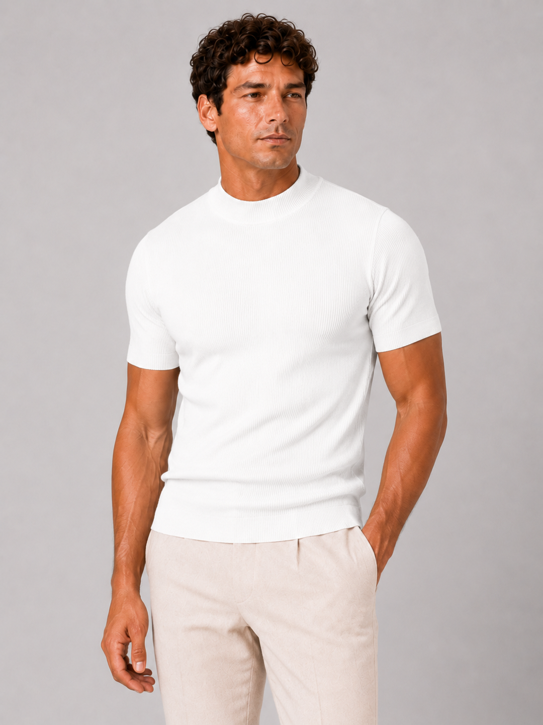 Men's ribbed T-shirt with stand-up collar – fitted stretch short-sleeved top