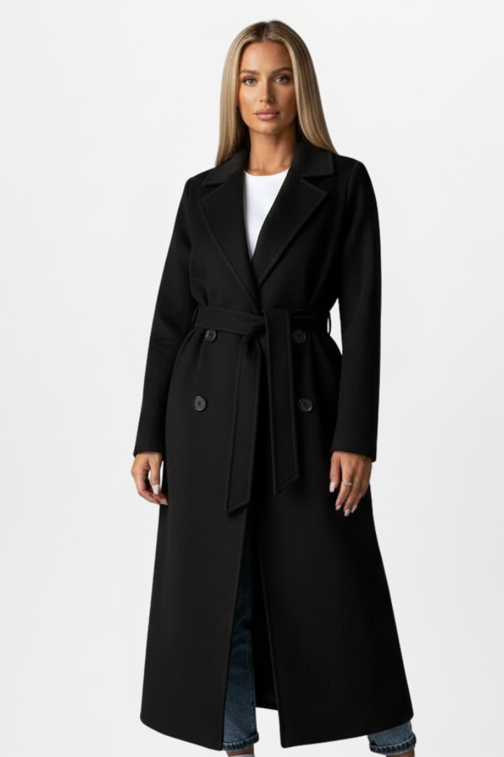 Women's Long Coat with Belt and Double-Breasted Buttons