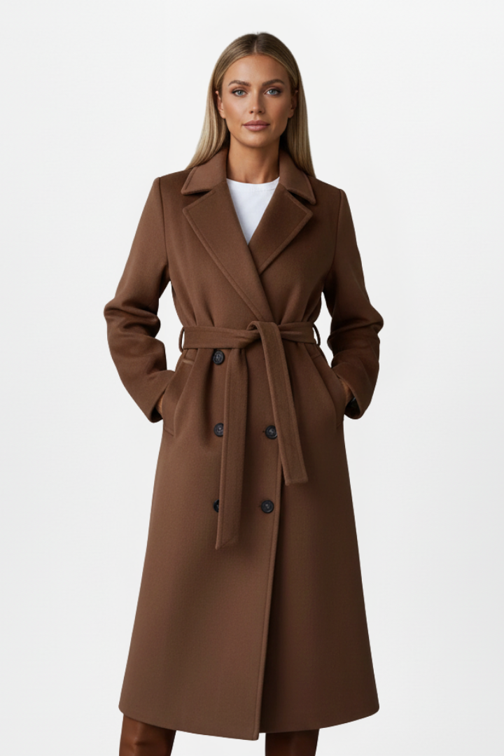 Women's Long Coat with Belt and Double-Breasted Buttons