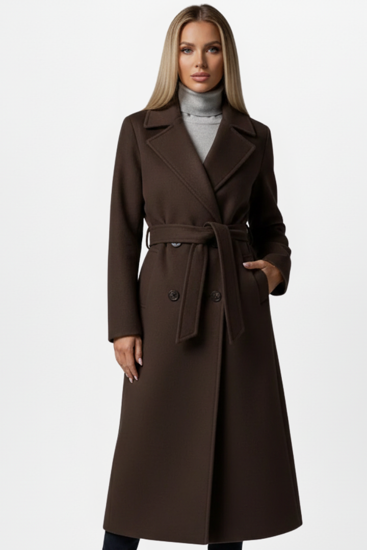 Women's Long Coat with Belt and Double-Breasted Buttons