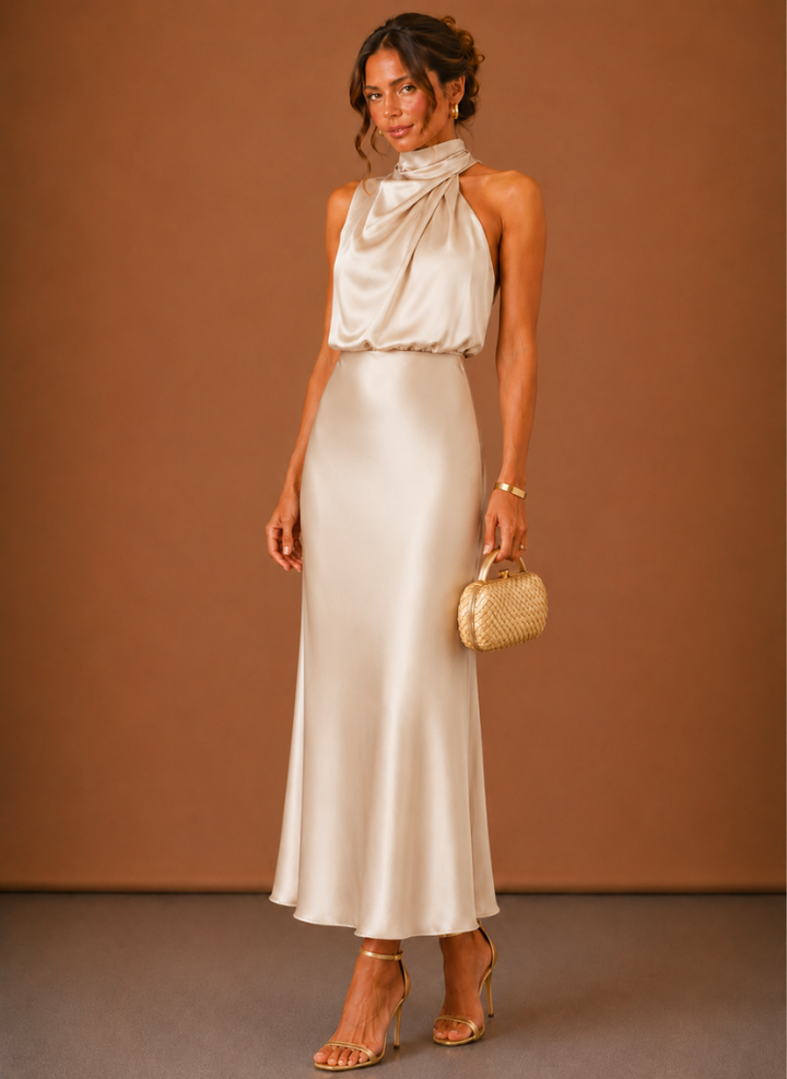 Women's satin halter-neck maxi dress – elegant wedding guest dress