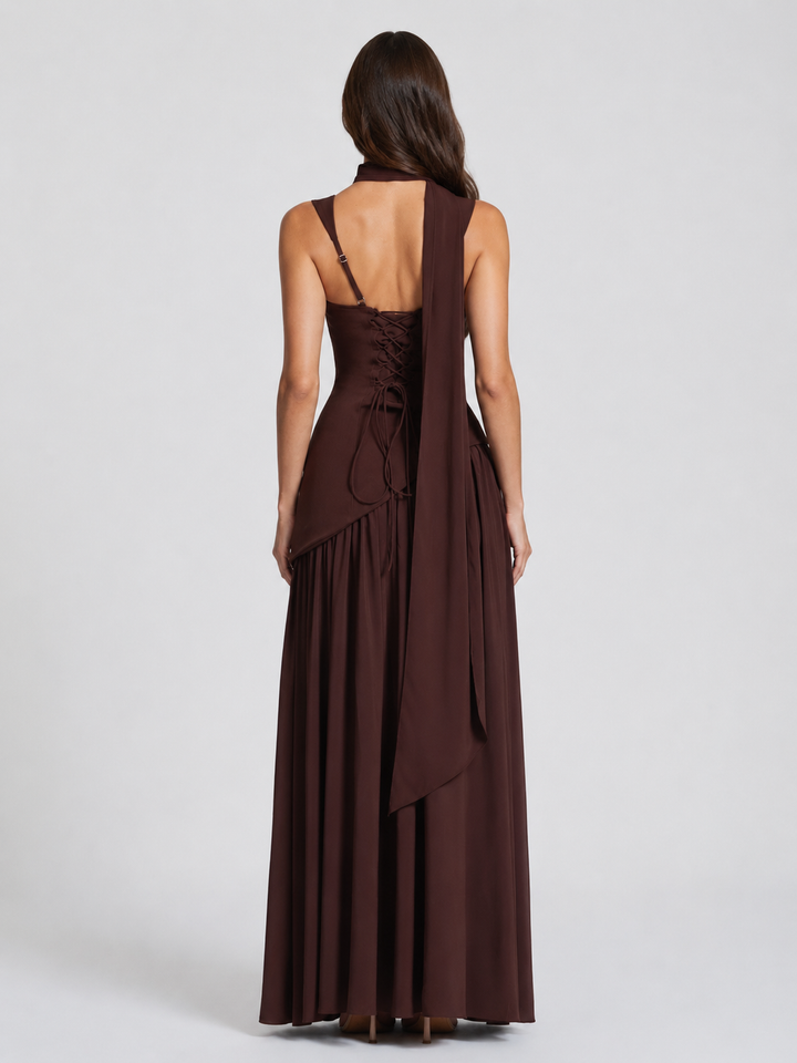 Sculpturally Draped Satin-Look Maxi Dress