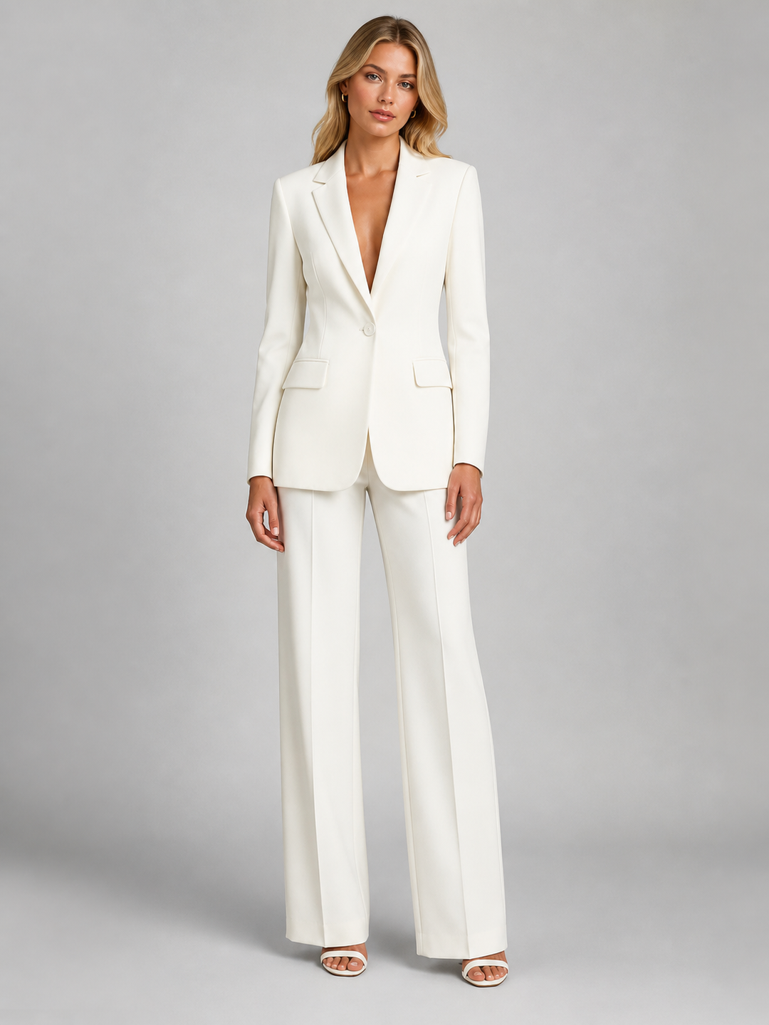 Two-piece women's set: women's blazer with tailored cut and wide-leg pants