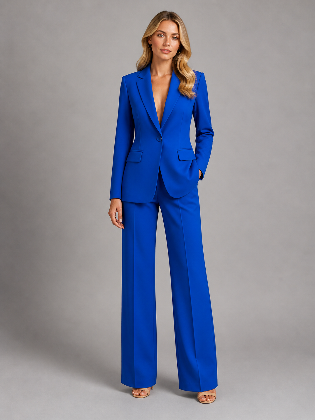 Two-piece women's set: women's blazer with tailored cut and wide-leg pants