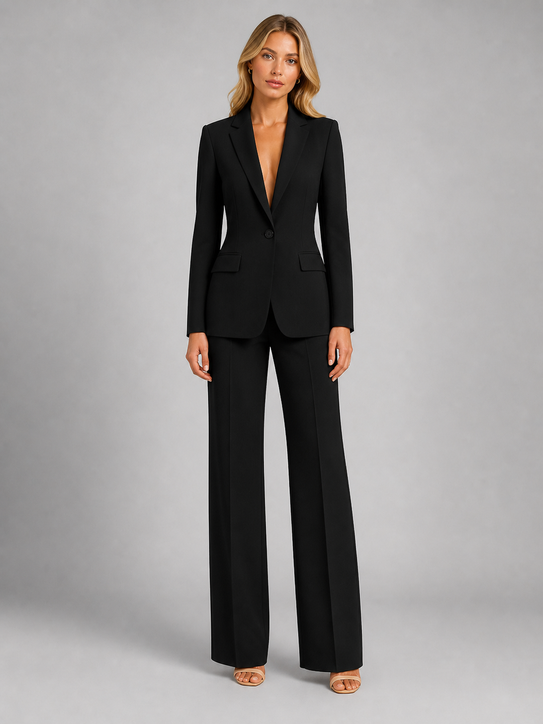 Two-piece women's set: women's blazer with tailored cut and wide-leg pants