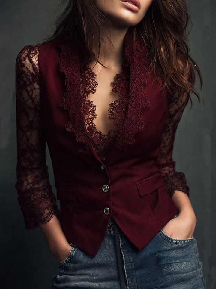 Women's Lace-Trim Blazer Blouse - Smart Evening Top