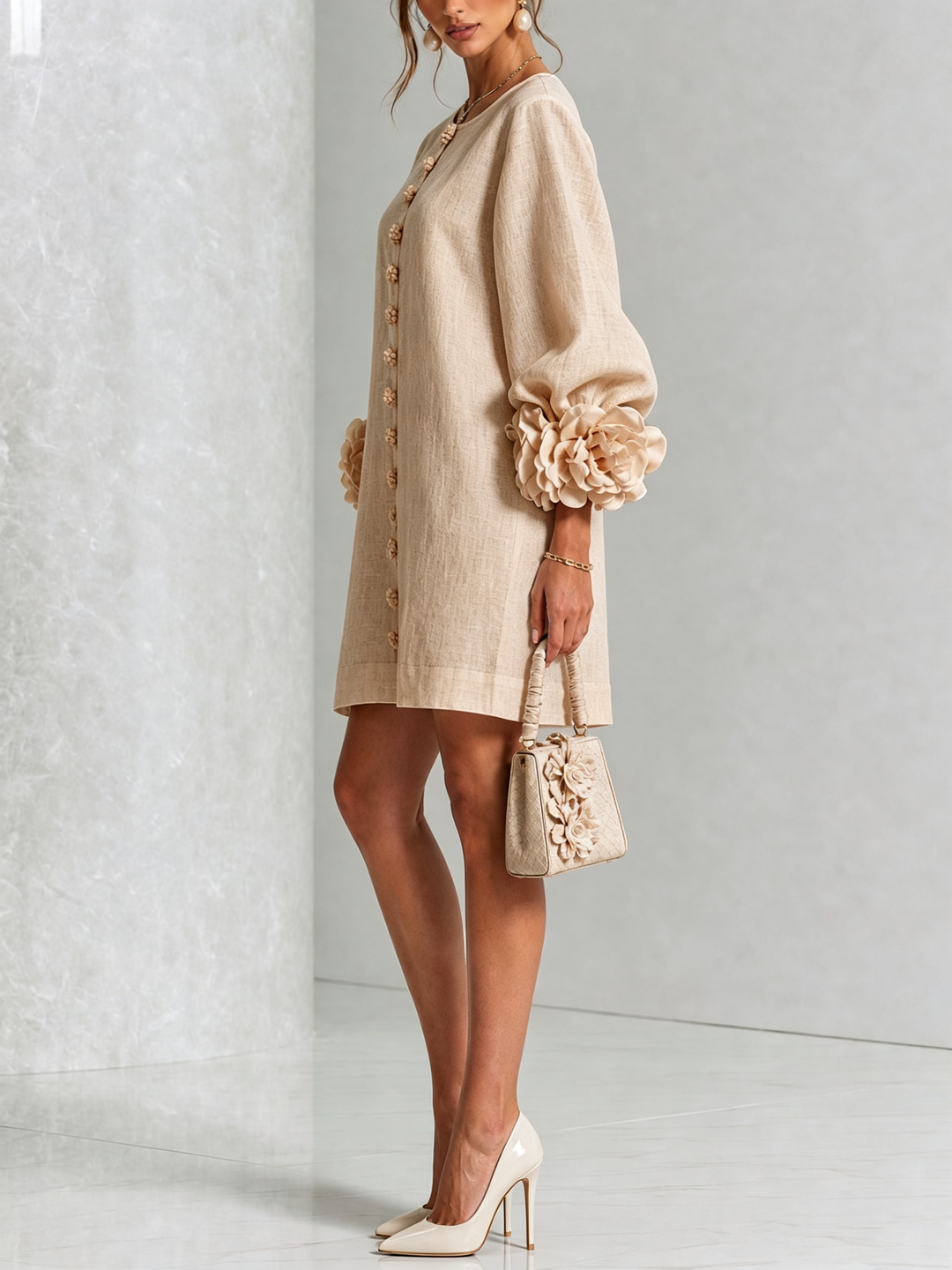 Elegant A-Line Dress with Voluminous Sleeves and Floral Buttons