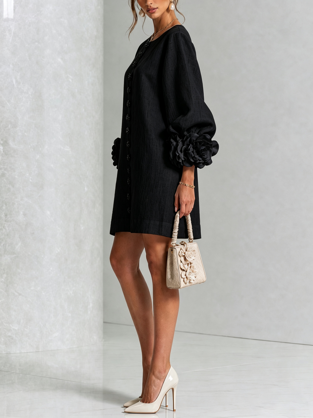 Linen-Blend Shirt Dress with Rosette Trim on the Sleeves.