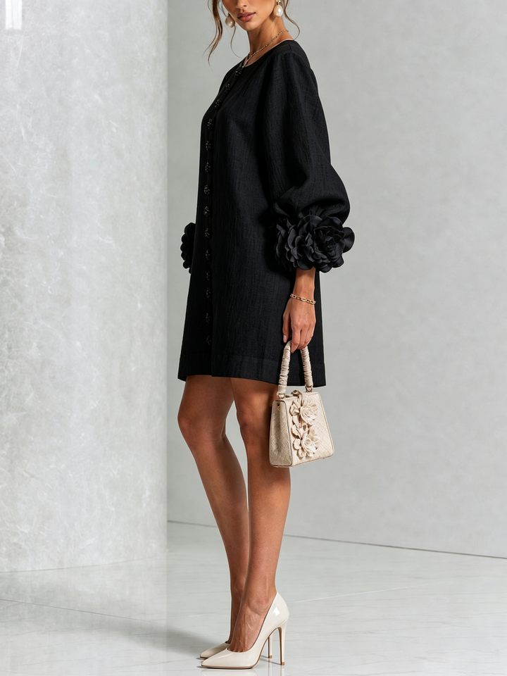 Linen-Blend Shirt Dress with Rosette Trim on the Sleeves.