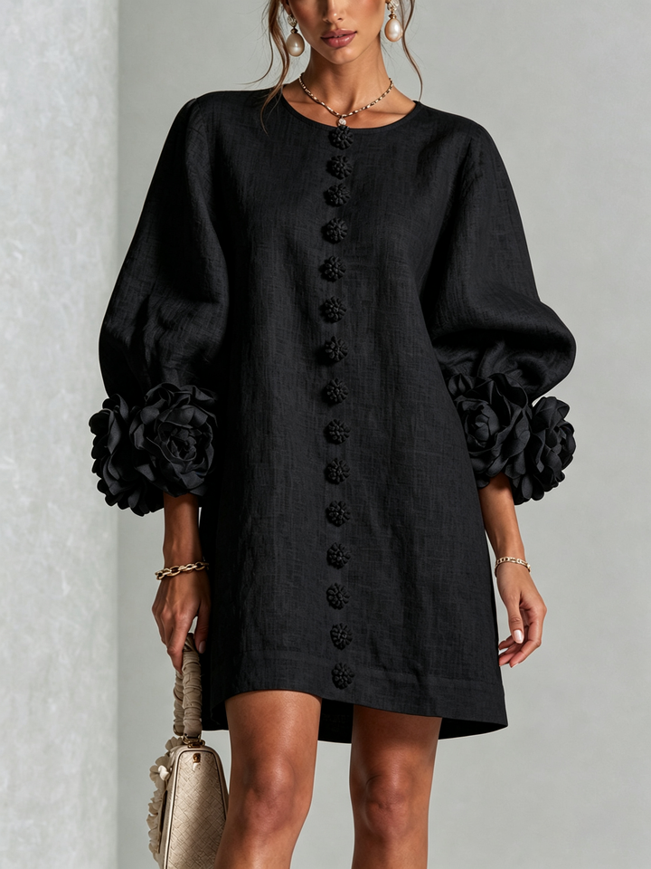 Linen-Blend Shirt Dress with Rosette Trim on the Sleeves.