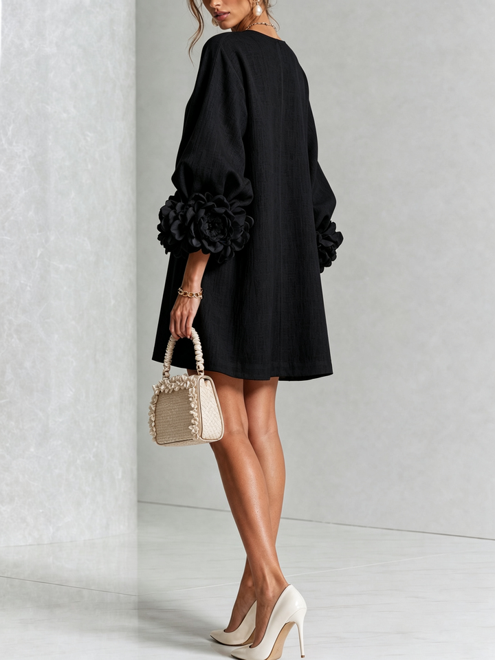 Linen-Blend Shirt Dress with Rosette Trim on the Sleeves.