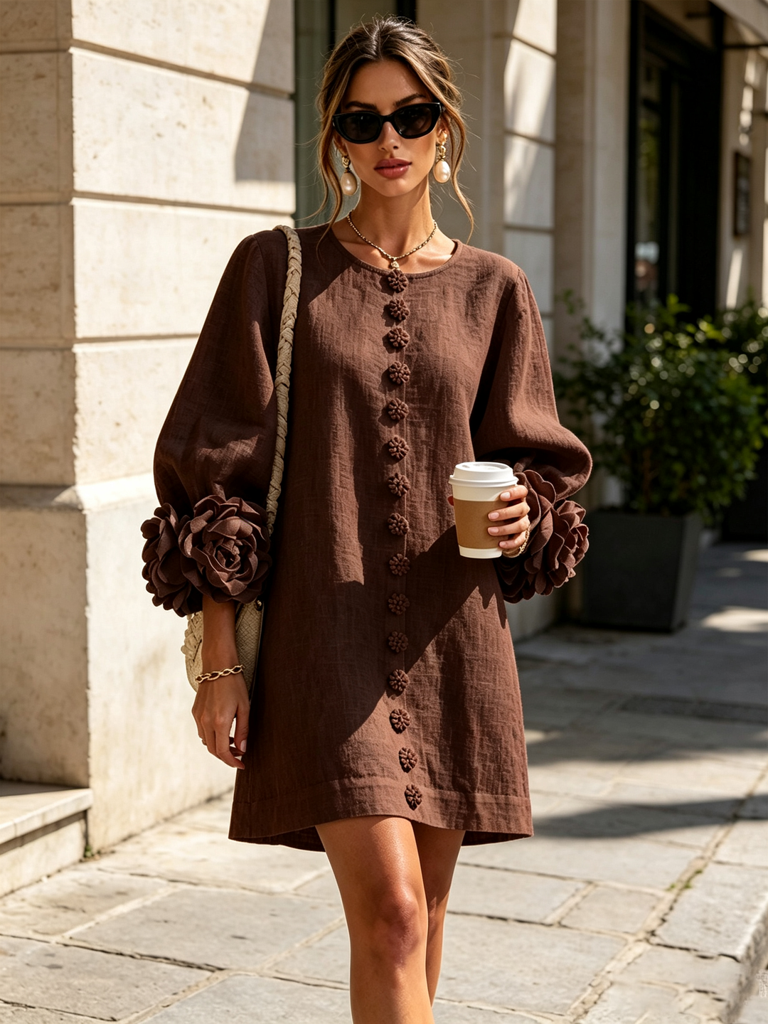 Elegant A-Line Dress with Voluminous Sleeves and Floral Buttons