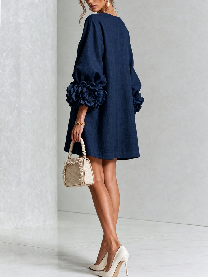 Linen-Blend Shirt Dress with Rosette Trim on the Sleeves.