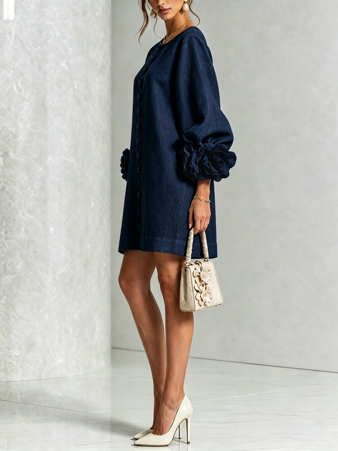 Elegant A-Line Dress with Voluminous Sleeves and Floral Buttons