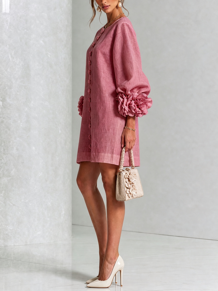Linen-Blend Shirt Dress with Rosette Trim on the Sleeves.