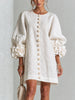 Elegant A-Line Dress with Voluminous Sleeves and Floral Buttons