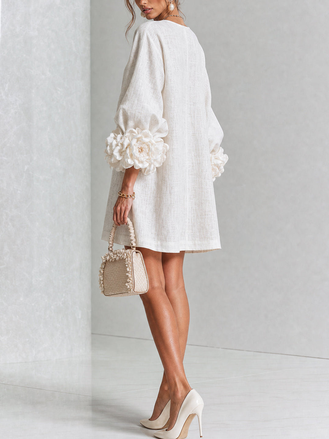 Linen-Blend Shirt Dress with Rosette Trim on the Sleeves.