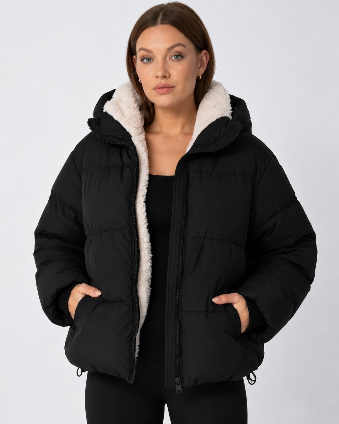 Women's Cropped Quilted Jacket with Removable Hood and Fleece Lining