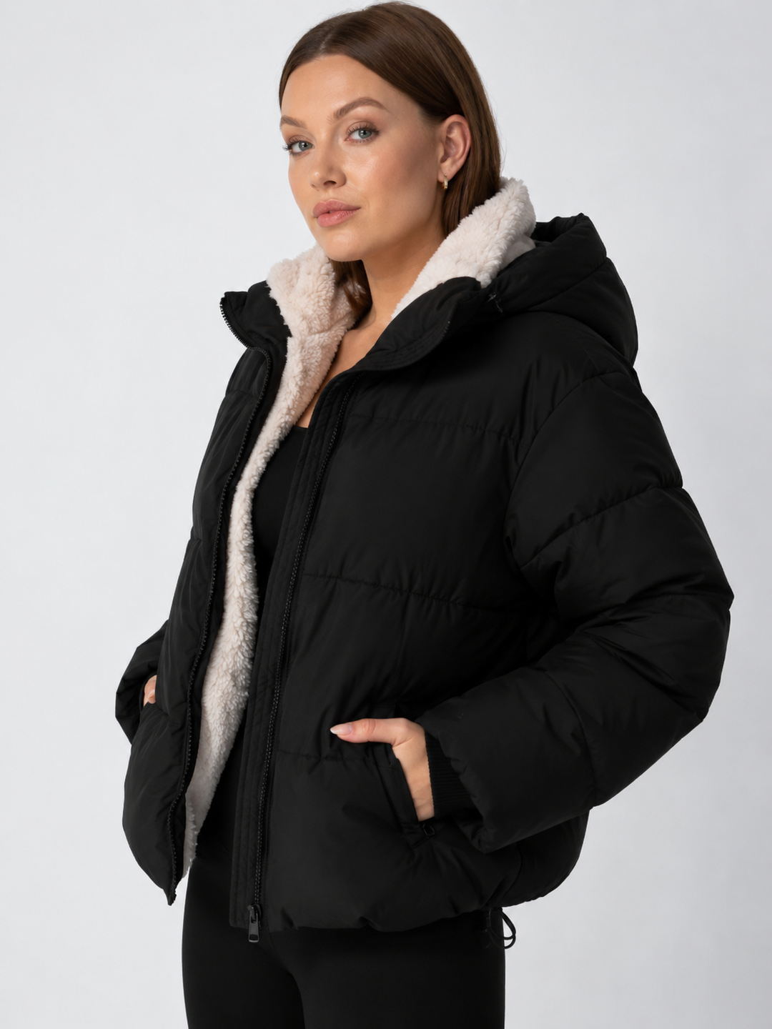 Women's Cropped Quilted Jacket with Removable Hood and Fleece Lining