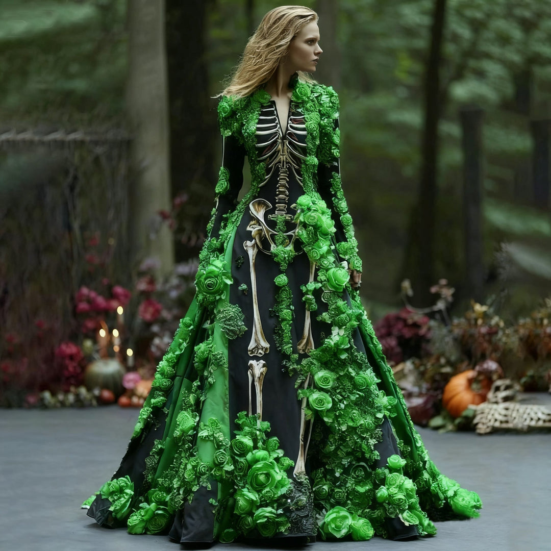 Women's Long-Sleeve Skeleton Floral Maxi Dress for Halloween Parties