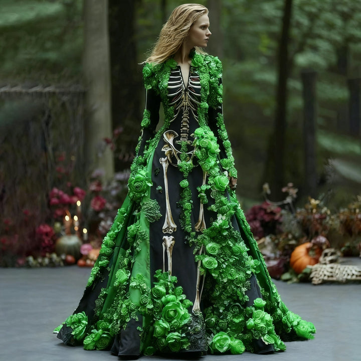 Women's Long-Sleeve Skeleton Floral Maxi Dress for Halloween Parties