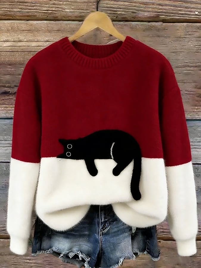 Oversized Sweater with Cat Print