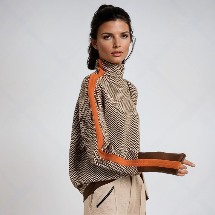 Women's Mock Neck Sweater with Bold Contrast Stripes